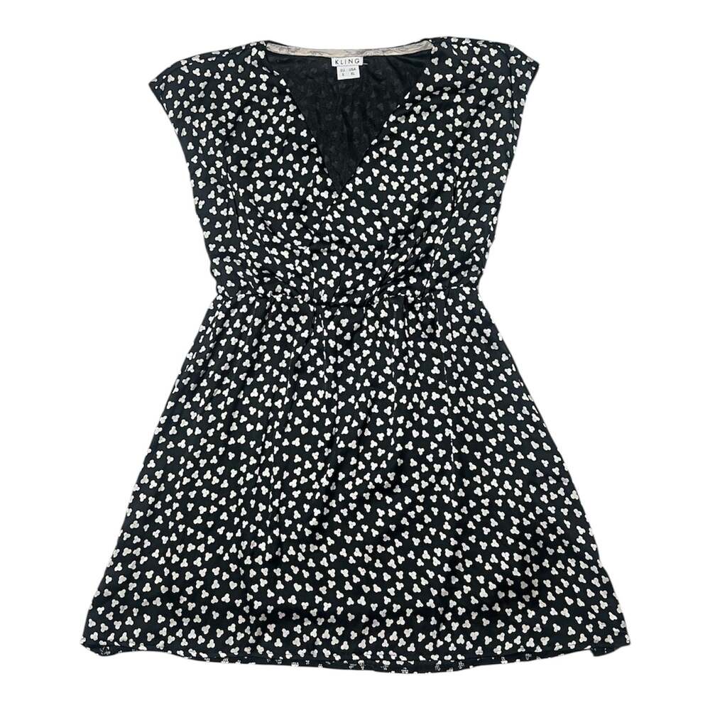 Kling Women's Black and White Heart Floral Pattern V-Neck Casual Mini Dress-XL